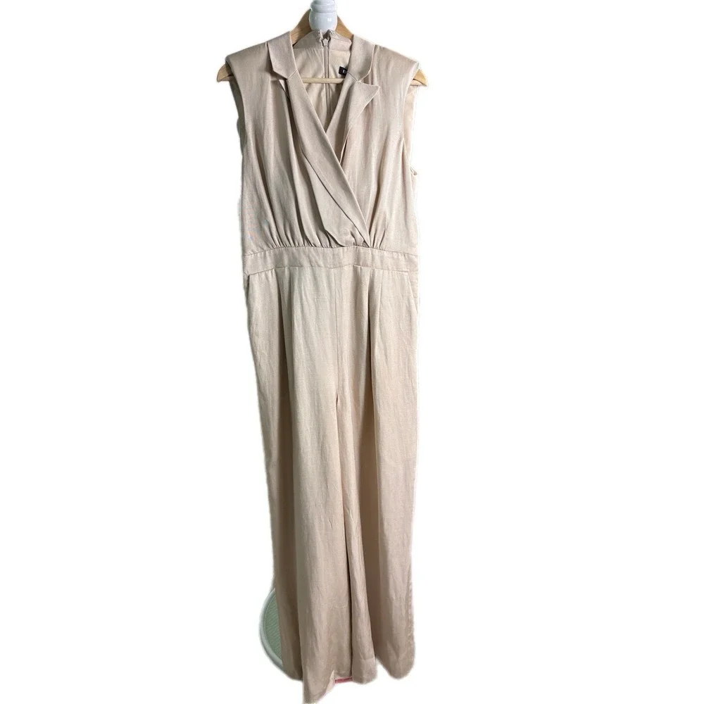 Express Sleeveless Wide Leg Jumpsuit Womens L Beige Linen Blend‎ Wide Leg Collar
